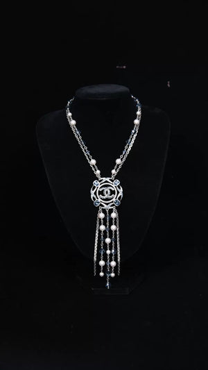 Chanel 19 Blue Rhinestone Openwork CC Tassel Pendant Necklace