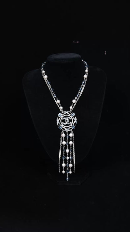 Chanel 19 Blue Rhinestone Openwork CC Tassel Pendant Necklace