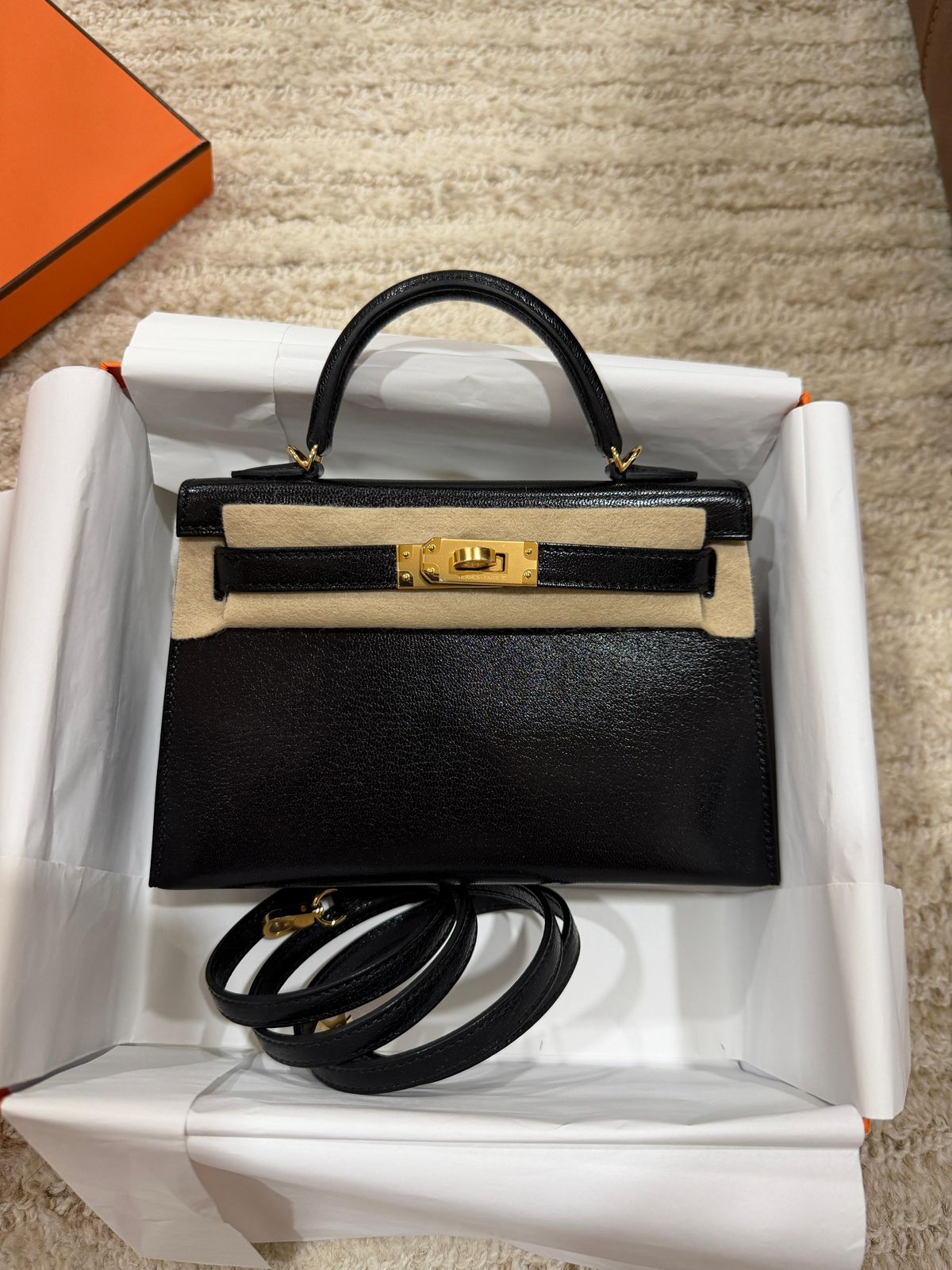 Hermes Mini Kelly 20 Black Chevre Gold hardware
