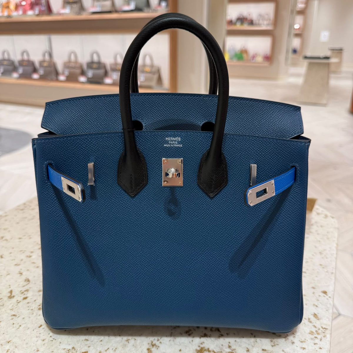 Hermes Birkin 25 Tricolor Bleu Fonce / Blakc / Bleu Hydra Epsom Palladium hardware