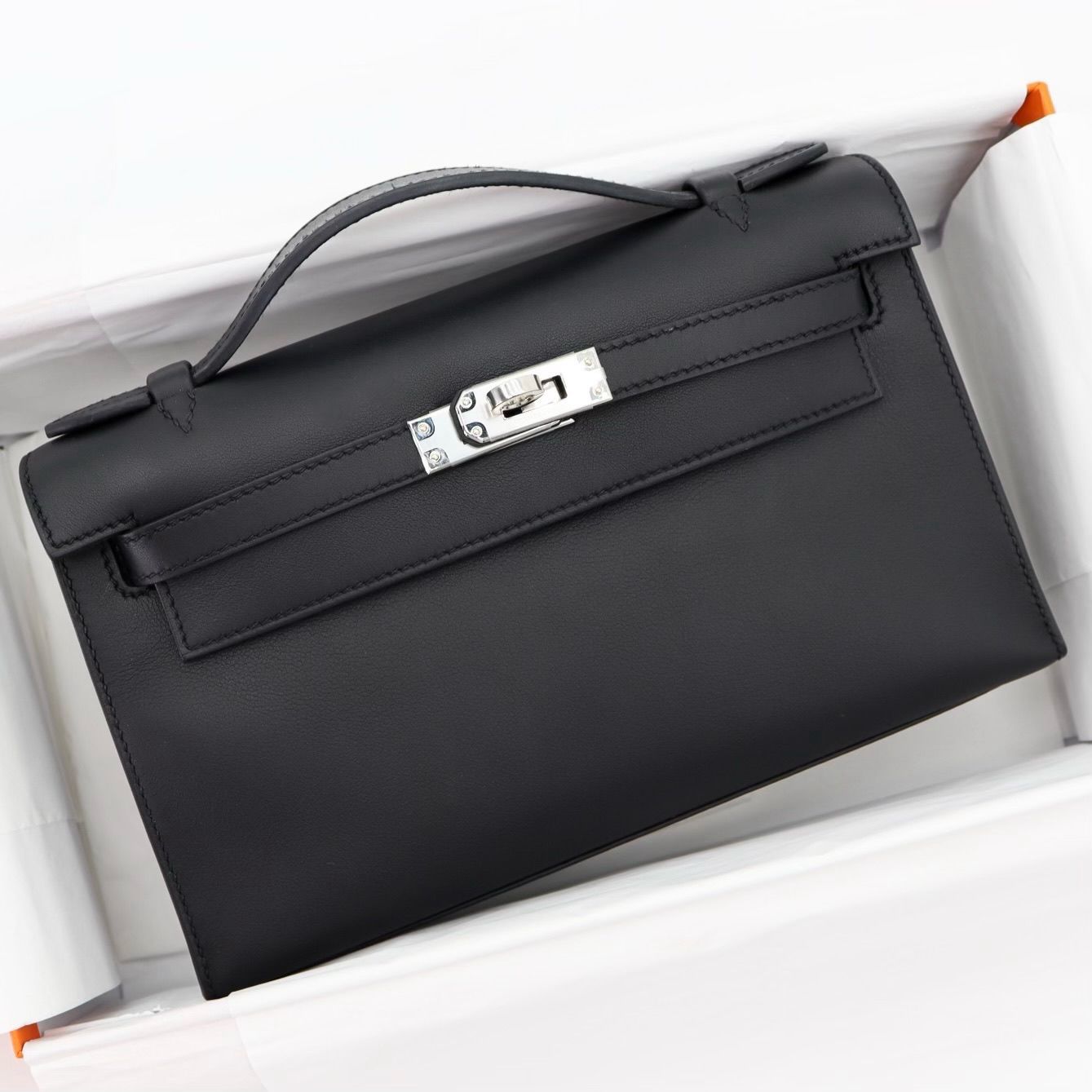 Hermes Kelly pochette black swift palladium hardware