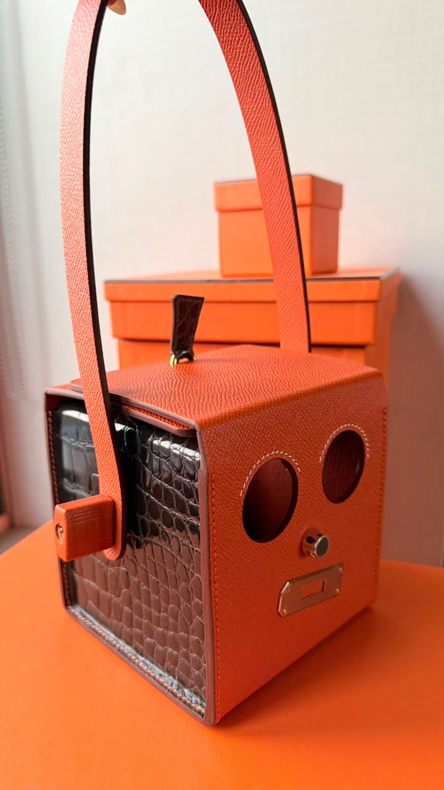 Hermes Minaudiere Robot Cube Orange H Epsom & Havane Shiny Alligatot Palladium hardware