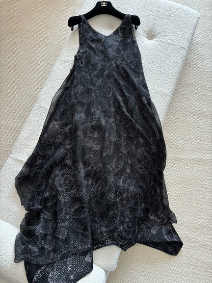 Chanel 23K Black Polka Dot Camellia Print Dress