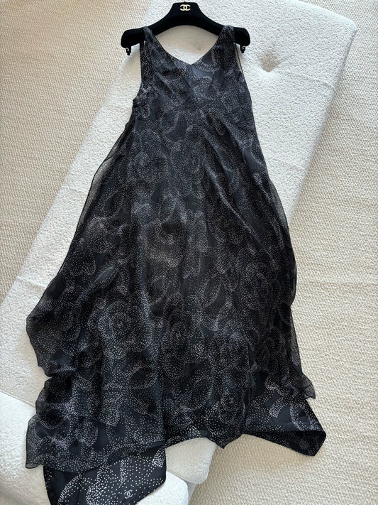 Chanel 23K Black Polka Dot Camellia Print Dress