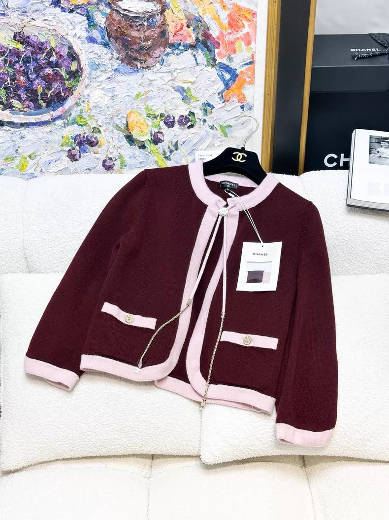 Chanel 25A burgundy cashmere cardigan