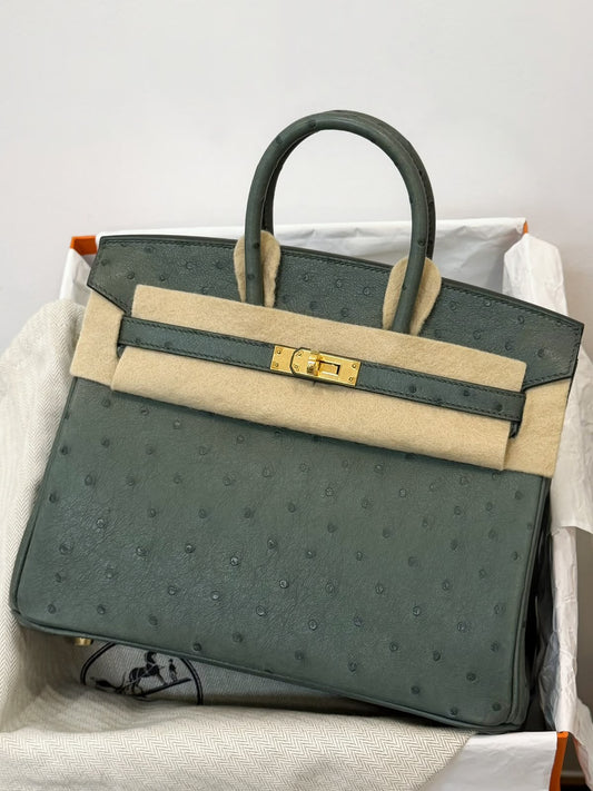Hermes Birkin 25 Vert Amande Ostrich Gold hardware