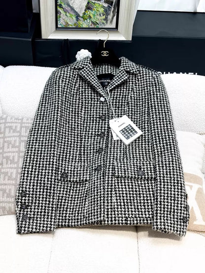 Chanel 22k black and white tweed coat