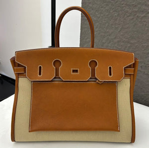 Hermes Birkin 25 A l’Envers Fauve Barenia Faubourg & Ecru Toile Palladium hardware