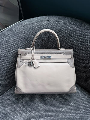 Hermes Kelly 35 Ghillies in Swift Argile / Etoupe Palladium hardware