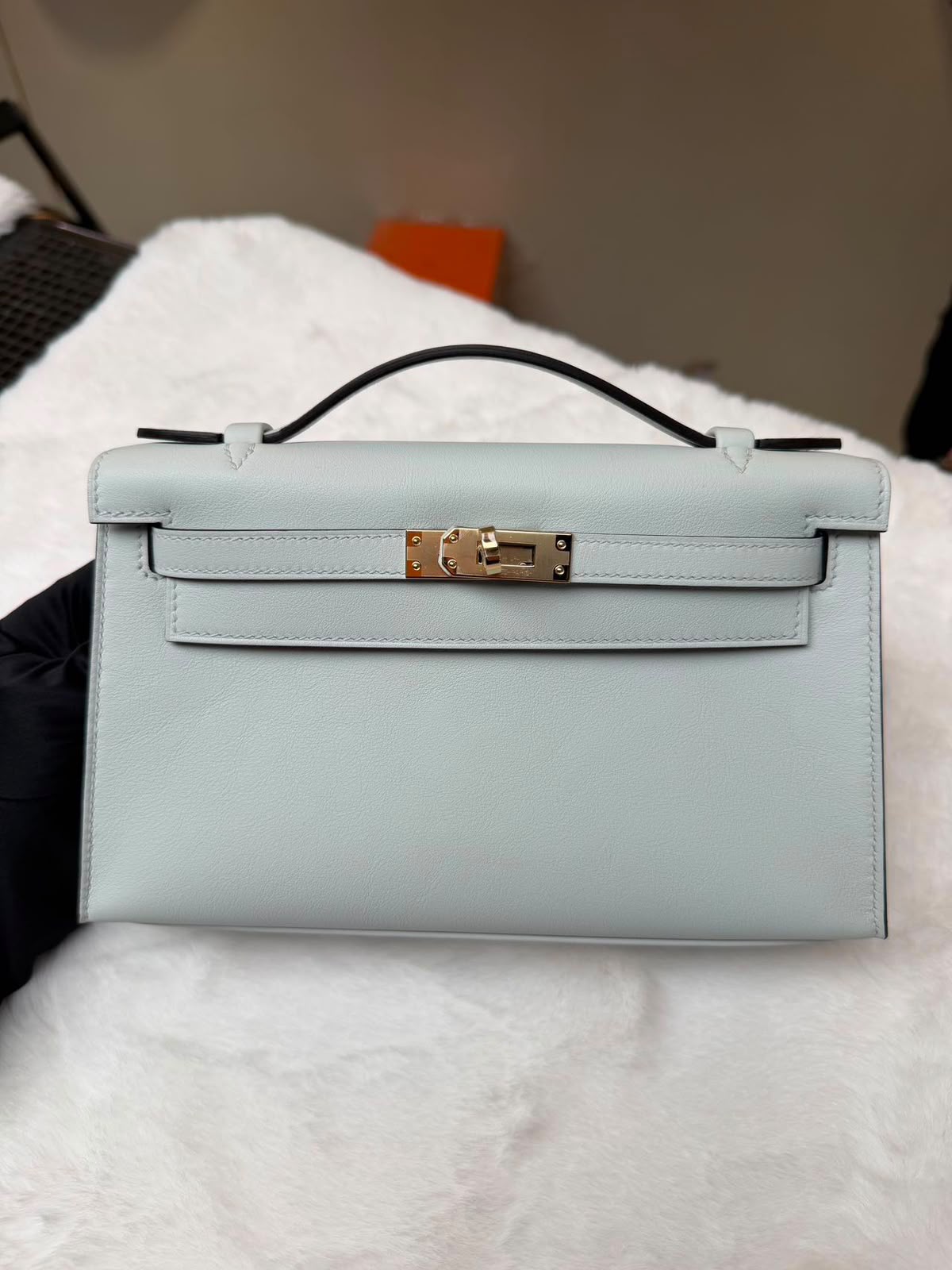 Hermes Kelly pochette Gris Platine Swift Permabrass hardware