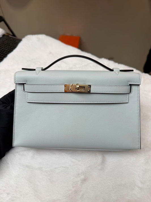 Hermes Kelly pochette Gris Platine Swift Permabrass hardware