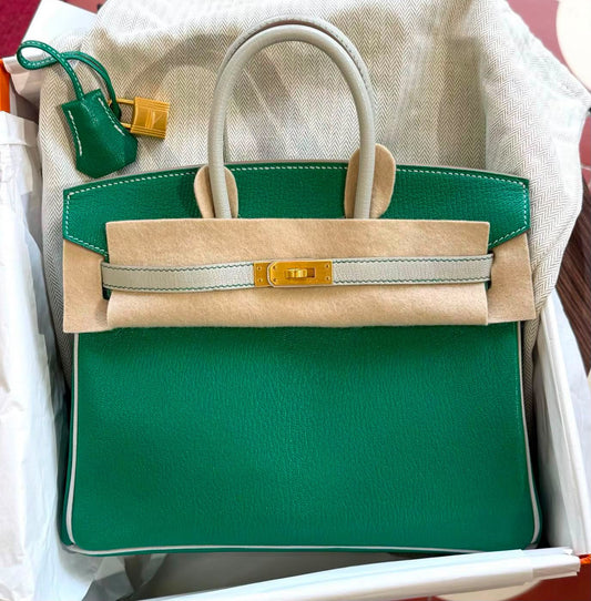 Hermes Birkin 25 HSS Gris Perle / Vert Vertigo Chevre Brushed gold hardware