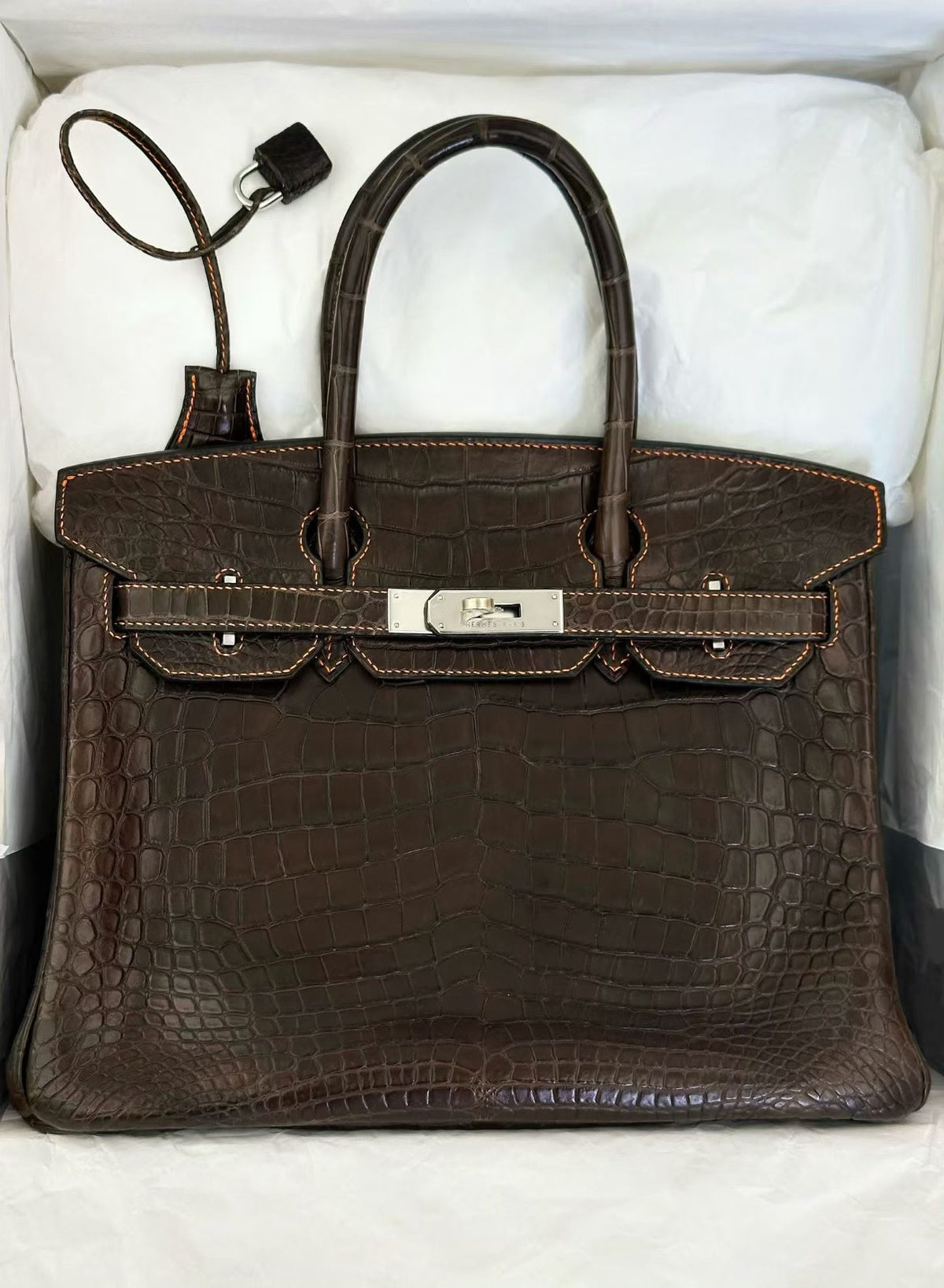 Hermes Birkin 30 HSS Ebene matte porosus with orange stitching palladium hardware