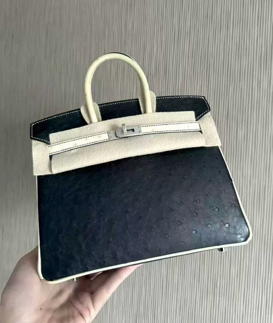 Hermes Birkin 25 Black / Parchemin Ostrich Brushed gold hardware