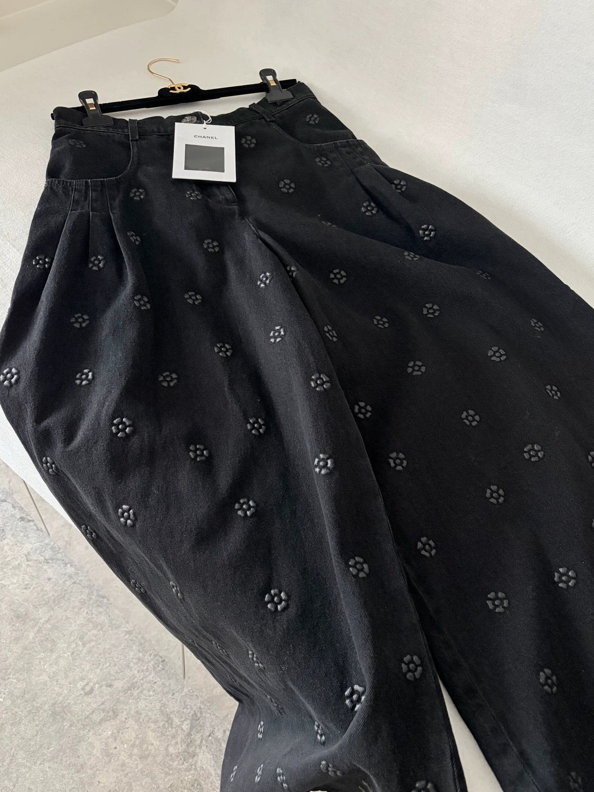 Chanel 23K Black Embossed Camellia Wide-Leg Pants