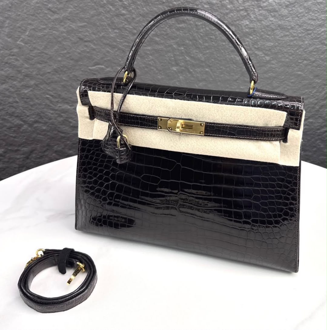 Hermes Kelly 32 Macassar Shiny Porosus Gold hardware