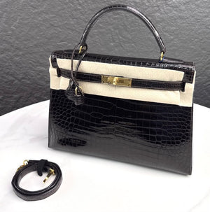 Hermes Kelly 32 Macassar Shiny Porosus Gold hardware