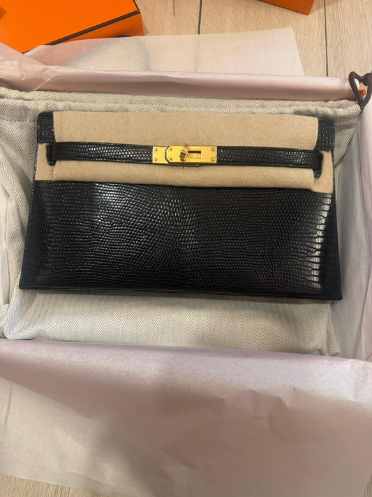 Hermes Kelly Elan Black Lizard Gold hardware