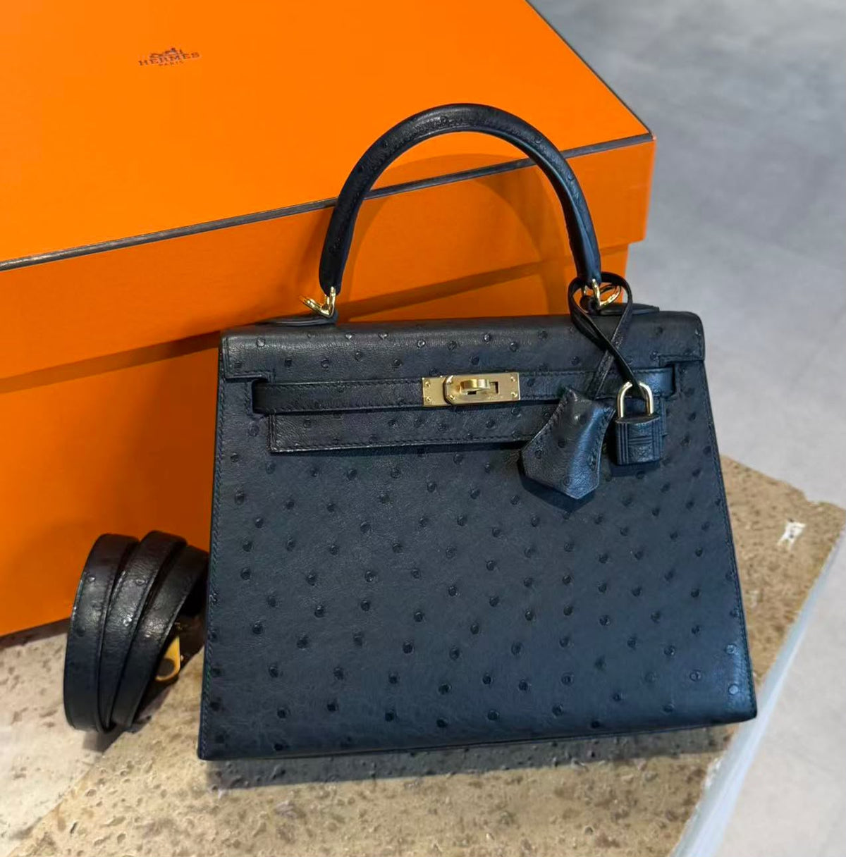 Hermes Kelly 25 sellier black ostrich gold hardware