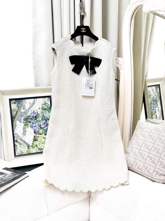 Chanel 20K White Tweed Satin Dress