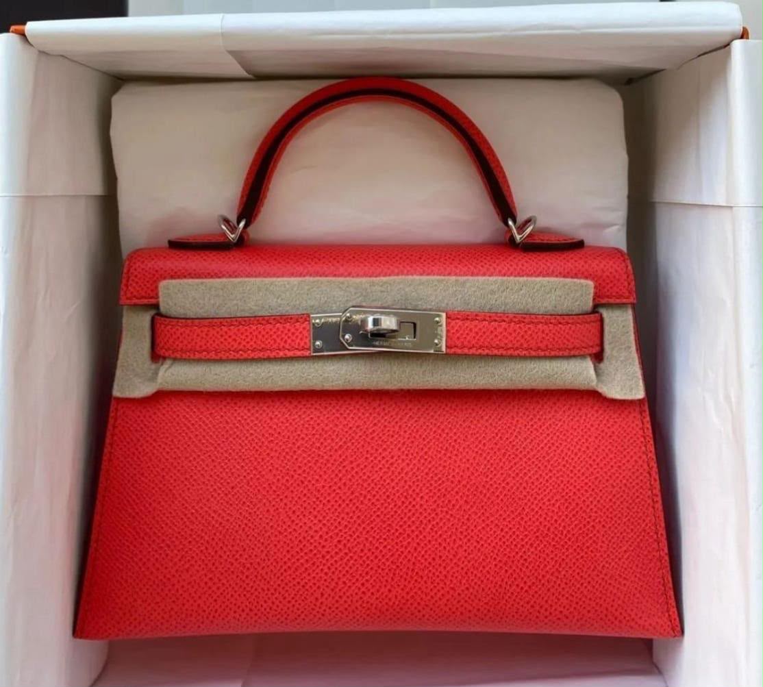 Hermes Mini Kelly 20 Rose Texas Epsom Palladium hardware