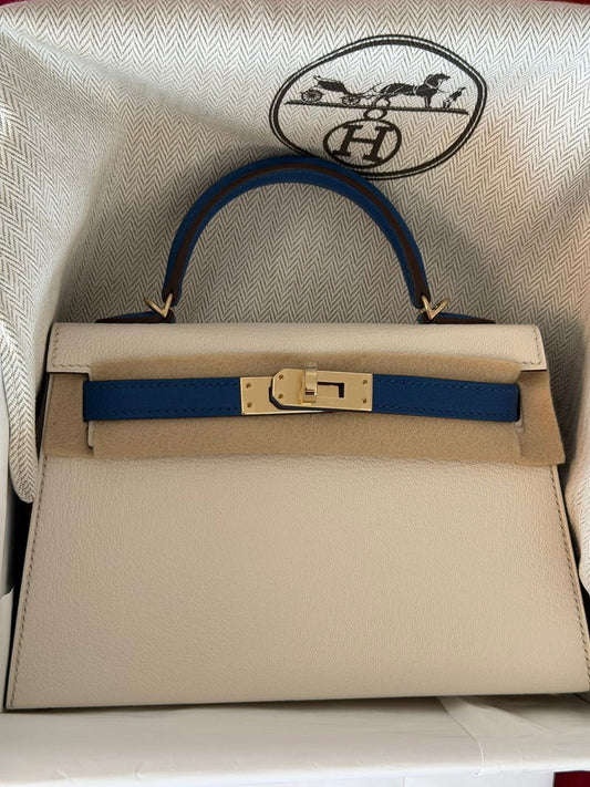 Hermes Mini Kelly 20 HSS Nata/Bleu Saphir Chevre Permabrass hardware
