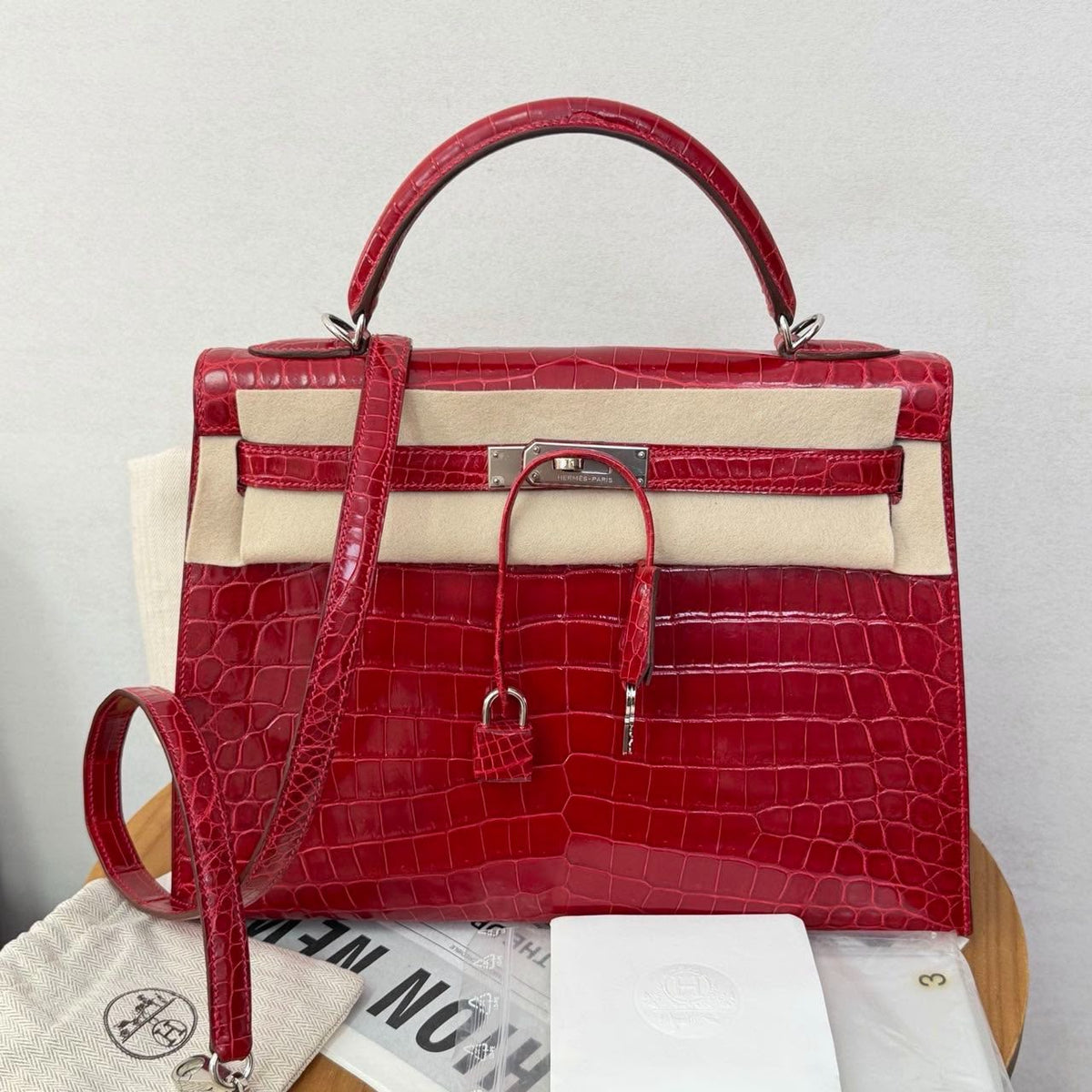Hermes Kelly 32 Braise Shiny Niloticus Palladium hardware