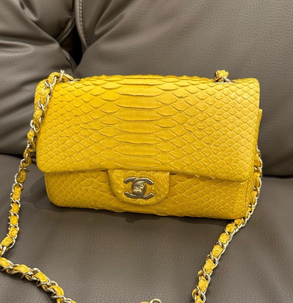 Chanel classic flip Mini yellow snake skin Gold hardware