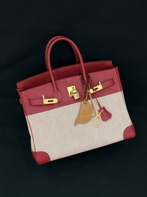 Hermes Birkin 30 Rouge Grenat Swift & Ecru Toile Gold hardware