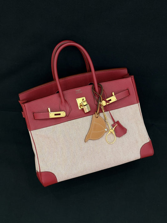 Hermes Birkin 30 Rouge Grenat Swift & Ecru Toile Gold hardware