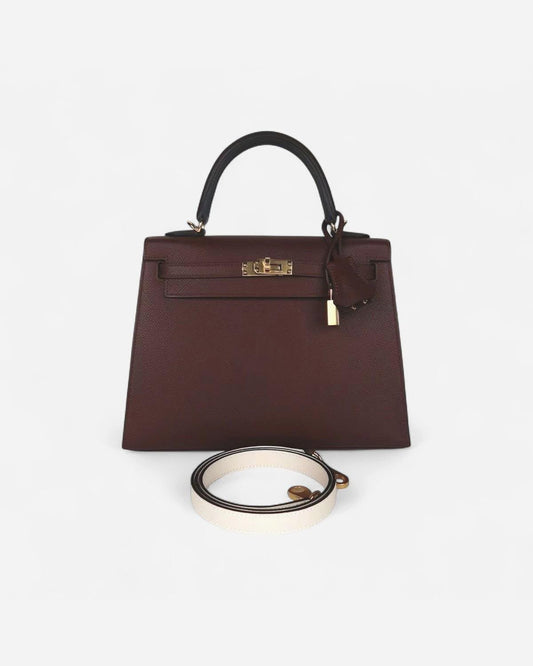 Hermes Kelly 25 Tricolor Ebene / Terre / Craie Epsom Gold hardware