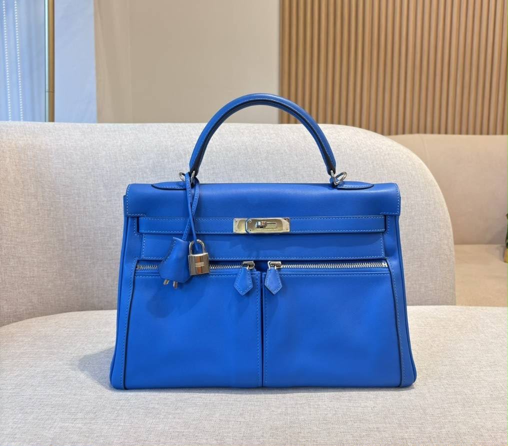 Hermes Kelly 32 Lakhis Blue Hydra Swift Palladium hardware