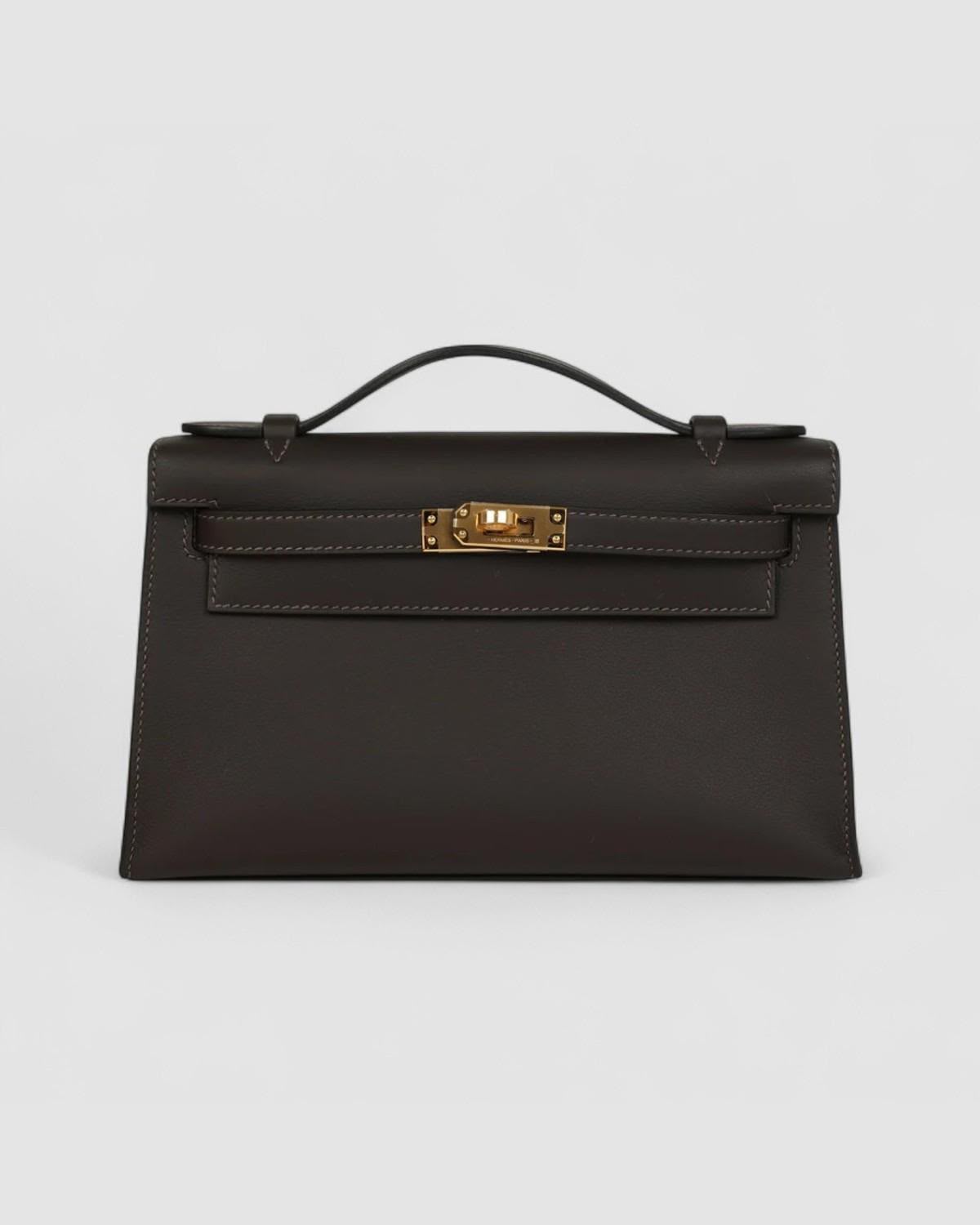 Hermes Kelly pochette Ebene Swift Gold hardware