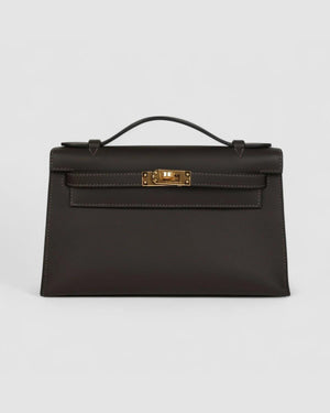 Hermes Kelly pochette Ebene Swift Gold hardware