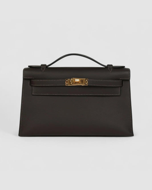 Hermes Kelly pochette Ebene Swift Gold hardware