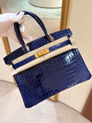 Hermes Birkin 30 Bleu Saphir shiny Alligator Gold Hardware