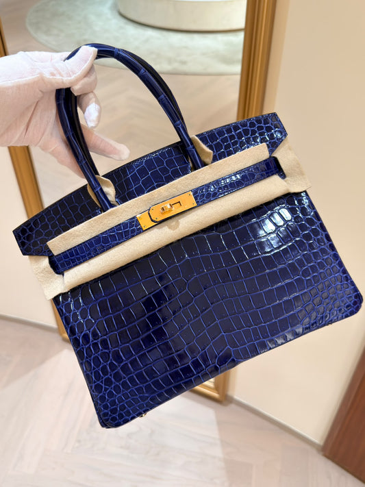 Hermes Birkin 30 Bleu Saphir shiny Alligator Gold Hardware
