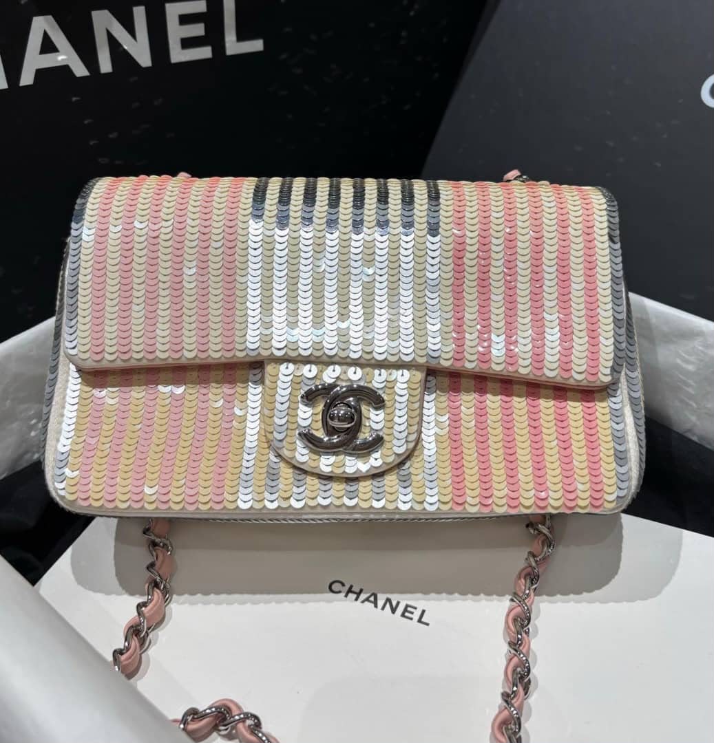 Chanel Classic Flap Mini limited edition argenté/pink/yellow Sequin Palladium hardware