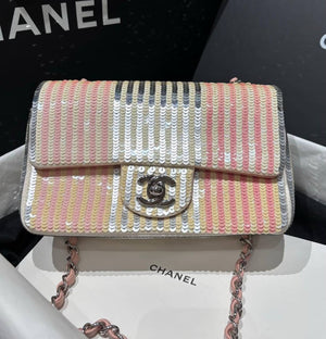 Chanel Classic Flap Mini limited edition argenté/pink/yellow Sequin Palladium hardware