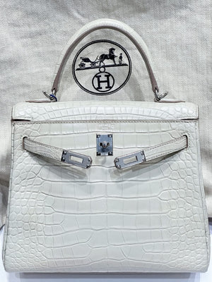 Hermes Kelly 28 Beton Matte Alligator Palladium hardware