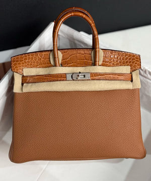Hermes Birkin 25 Touch Gold Togo / Matte Alligator Palladium hardware