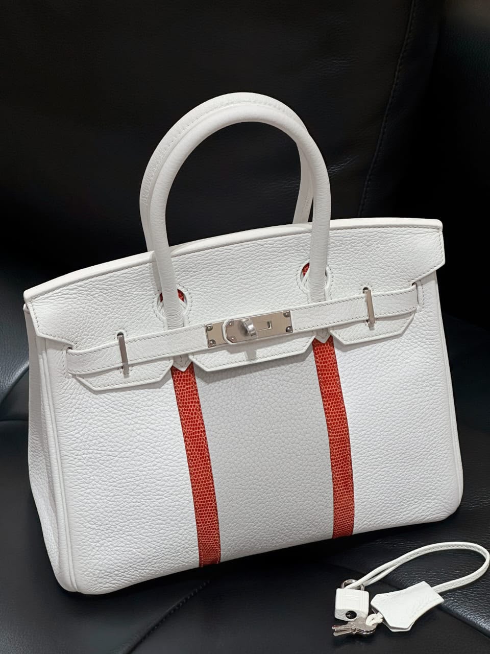 Hermes Birkin 30 Club Gris Perle/Blanc Clemence & Sanguine Lizard Palladium hardware