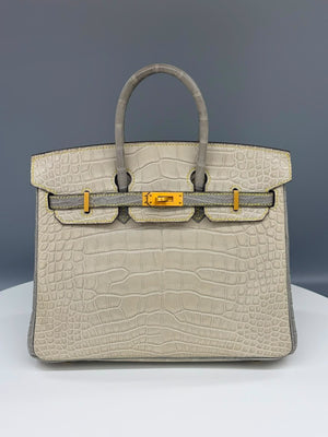 Hermes Birkin 25 HSS Gris Perle / Beton Matte Alligator Brushed gold hardware