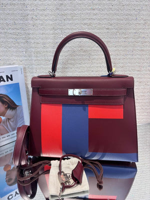 Hermes Kelly 28 Kellygraphie Lettre C Bordeaux Sombrero, Capucine Epsom & Bleu Brighton Clémence Palladium hardware
