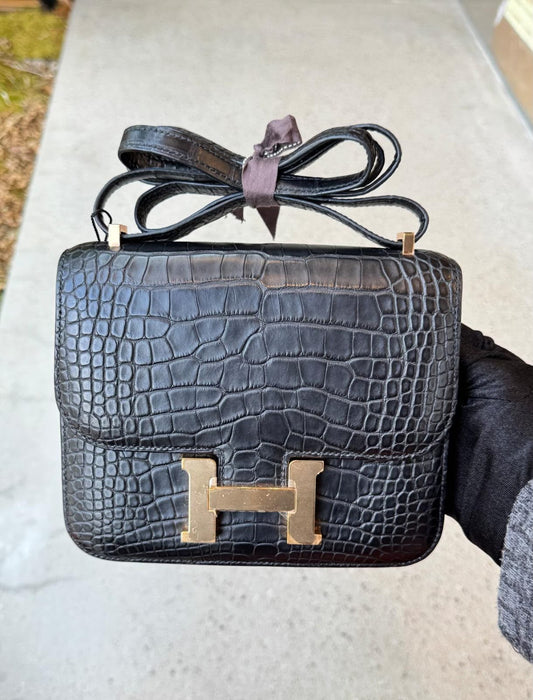 Hermes Constance 18 Black Matte Alligator Rose gold hardware