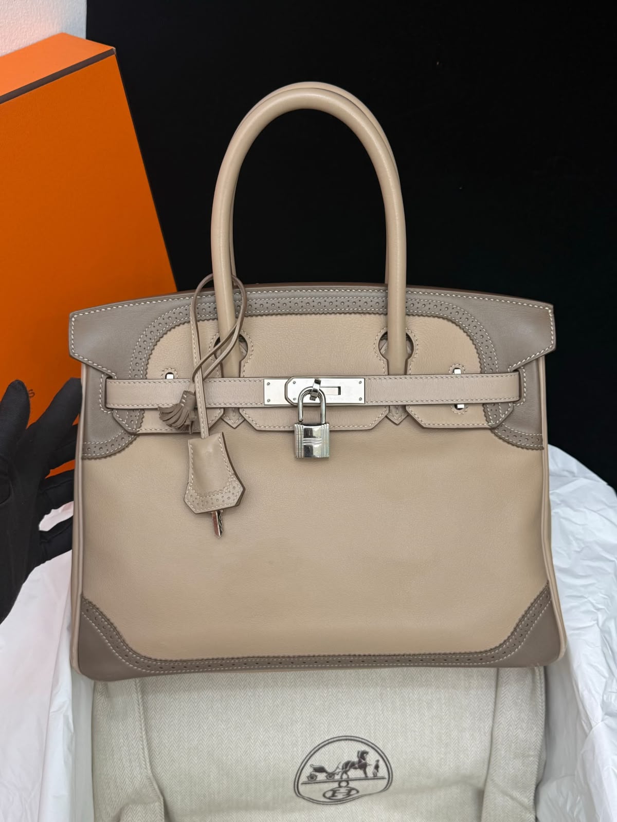 Hermes Birkin 35 Ghillies Etoupe / Argile Swift Palladium hardware