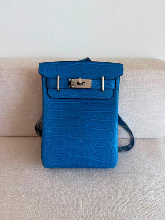 Hermès Hac A Dos Pm Blue Zellige Matte Alligator Palladium Hardware