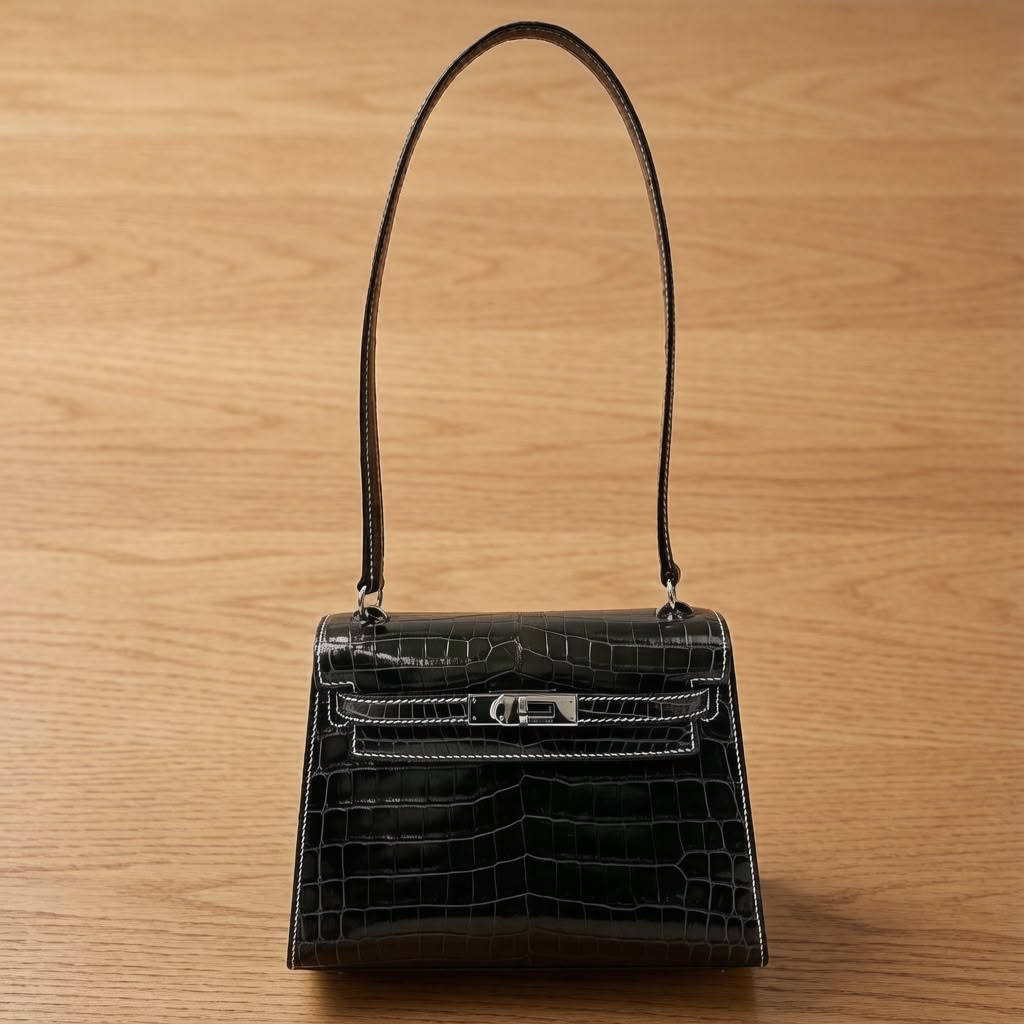 Hermes Mini Kelly 20 Shoulder Black Shiny Niloticus Palladium hardware