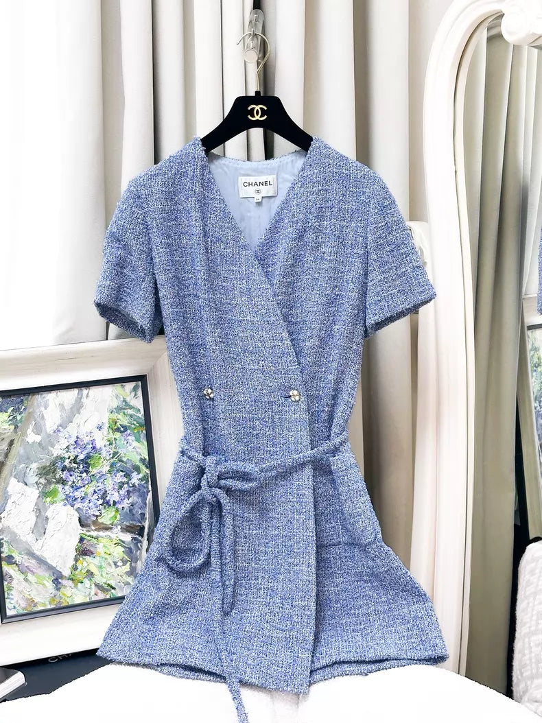 Chanel 24P blue and white tweed jumpsuit