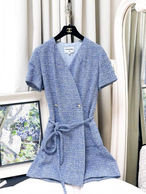 Chanel 24P blue and white tweed jumpsuit